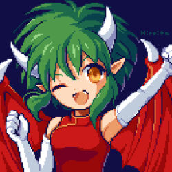 Rule 34 | 1girl, arm up, armpits, blue background, brown eyes, clenched hand, draco centauros, dragon girl, dragon wings, dress, elbow gloves, fangs, gloves, hiroita, horns, lowres, madou monogatari, one eye closed, open mouth, pixel art, pointy ears, puyopuyo, red dress, red wings, signature, solo, upper body, white gloves, white horns, wings