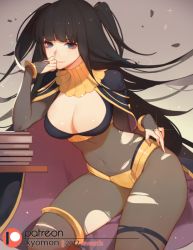 Rule 34 | 1girl, bangle, black hair, bodysuit, bracelet, breasts, cape, circlet, cleavage, covered navel, fire emblem, fire emblem awakening, jewelry, long hair, looking at viewer, nintendo, skin tight, solo, songjikyo, tharja (fire emblem), tiara, torn clothes, two side up