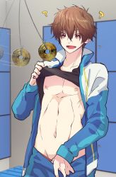 Rule 34 | 10s, 1boy, brown hair, clothes lift, clothes pull, free!, highres, hypnosis, jacket, kirishima natsuya, male focus, memeo (candy house), mind control, navel, nipples, open mouth, pants, pants pull, red eyes, shirt lift, solo, solo focus, track jacket, track pants, window, yen