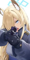 Rule 34 | 1girl, aiming, aiming at viewer, animal ear fluff, animal ears, black jacket, black necktie, blonde hair, blue archive, blue eyes, blue shirt, collared shirt, extra ears, gun, hair over one eye, halo, holding, holding gun, holding weapon, jacket, kanna (blue archive), long hair, long sleeves, looking at viewer, merxkialis, necktie, open mouth, sharp teeth, shirt, simple background, solo, teeth, weapon, white background