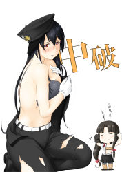 Rule 34 | 10s, 2girls, arms up, black bra, black hair, black pants, blush, bra, breasts, commentary request, crop top, crossed arms, female admiral (kancolle), gloves, hair ribbon, hands on own chest, hat basket, highres, kantai collection, large breasts, long hair, miniskirt, multiple girls, navel, niwatazumi, pants, ponytail, red eyes, ribbon, shouhou (kancolle), single glove, skirt, tatebayashi sakurako, tears, thighhighs, torn clothes, translated, underwear