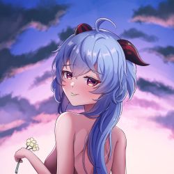 Rule 34 | ahoge, back, backless outfit, bare back, blue hair, blush, breasts, cloud, evening, flower, ganyu (genshin impact), genshin impact, highres, holding, holding flower, horns, jisas, long hair, looking at viewer, low ponytail, multicolored eyes, no gloves, petals in mouth, qingxin flower, scenery, sidelocks, sleeveless, solo, white flower