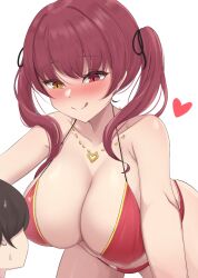 Rule 34 | 1boy, 1girl, absurdres, blush, breasts, cleavage, hair ornament, hairclip, hashira 14, heart, heterochromia, highres, hololive, houshou marine, houshou marine (summer), imminent penetration, jewelry, large breasts, necklace, red eyes, red hair, swimsuit, tongue, tongue out, twintails, virtual youtuber, yellow eyes