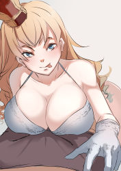 Rule 34 | 1girl, absurdres, blonde hair, blue eyes, bra, breasts, cleavage, collarbone, crown, gloves, highres, large breasts, lion (warship girls r), long hair, looking at viewer, lubikaya, solo focus, tongue, tongue out, underwear, warship girls r, white background, white bra, white gloves