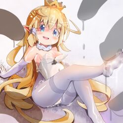 Rule 34 | 1girl, ahoge, arakawa bokujou, arm support, bare shoulders, blonde hair, breasts, cleavage, commentary request, covered erect nipples, crown, elbow gloves, feet, gloves, highleg, highleg leotard, highres, leaning back, leg up, legs, leotard, long hair, looking at viewer, medium breasts, no shoes, open mouth, original, pantyhose, pointy ears, sitting, smile, soles, solo, strapless, strapless leotard, suggestive fluid, thighband pantyhose, thighs, toes, very long hair, white gloves, white leotard, white pantyhose