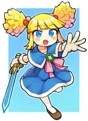 1girl :d bachera blonde_hair blue_background blue_capelet blue_dress blue_eyes blush_stickers border brooch brown_footwear capelet commentary_request dot_nose dress full_body gloves gurumin hair_bobbles hair_ornament highres holding holding_sword holding_weapon jewelry neck_ribbon open_mouth outstretched_arm pink_ribbon popon_(gurumin) ribbon short_hair short_twintails sidelocks smile socks solo standing standing_on_one_leg sword twintails weapon white_border white_gloves white_socks