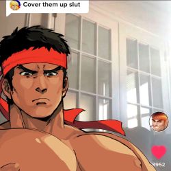 Rule 34 | 1boy, bara, black hair, capcom, closed mouth, cover them up slut (meme), forked eyebrows, headband, izukuxo, large pectorals, looking at viewer, male focus, meme, muscular, muscular male, nipples, pectoral focus, pectorals, red headband, ryu (street fighter), short hair, sideburns, solo, street fighter, upper body
