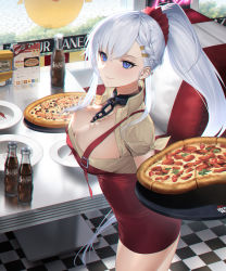 Rule 34 | 1girl, apron, azur lane, belfast (azur lane), belfast (piping-hot perfection) (azur lane), blue eyes, braid, breasts, brown shirt, chain, checkered floor, cleavage, closed mouth, coca-cola, collar, cowboy shot, earrings, food, from side, hair ornament, hairclip, highres, holding, holding tray, indoors, jewelry, large breasts, long hair, looking at viewer, looking to the side, mamima, pizza, plate, red apron, shirt, short sleeves, silver hair, smile, solo, stud earrings, tray, very long hair, waitress