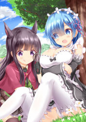 Rule 34 | 2girls, animal ears, apron, arms under breasts, black dress, black neckwear, black skirt, black sleeves, blue eyes, blue hair, blue sky, blunt bangs, blush, breast hold, breasts, brown hair, brown legwear, brown shirt, capelet, cleavage, cloud, cloudy sky, collared shirt, commentary request, crossover, day, detached sleeves, dress, eyes visible through hair, flower, frilled apron, frilled dress, frilled skirt, frills, grass, green vest, hair ornament, hair over one eye, hair ribbon, hairclip, highres, holding, holding magnifying glass, juliet sleeves, kasumi (princess connect!), large breasts, long sleeves, magnifying glass, mountain, multiple girls, necktie, on grass, outdoors, panties, pink ribbon, princess connect!, puffy sleeves, purple eyes, re:zero kara hajimeru isekai seikatsu, red capelet, rem (re:zero), ribbon, shirt, sitting, skirt, sky, sleeves past wrists, thighhighs, tree, underwear, vest, waist apron, white apron, white flower, white legwear, white panties, x hair ornament, xenon (for achieve)