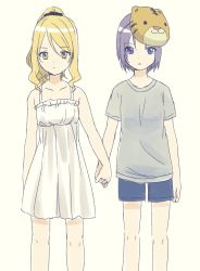 Rule 34 | 2girls, bad id, bad pixiv id, bare arms, bare shoulders, beige background, blonde hair, blue shorts, brown eyes, christina (princess connect!), closed mouth, collarbone, dress, grey shirt, high ponytail, highres, holding hands, ichiren namiro, jun (princess connect!), long hair, looking at viewer, mask, mask on head, multiple girls, parted lips, ponytail, princess connect!, purple eyes, purple hair, shirt, short hair, short shorts, short sleeves, shorts, sidelocks, simple background, sleeveless, sleeveless dress, standing, tiger mask (object), white dress