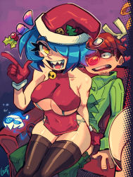 Rule 34 | 1boy, 1girl, @ @, absurdres, ahoge, arms up, asymmetrical hair, bare shoulders, bell, black legwear, blue hair, blush, breasts, brown hair, choker, christmas, collar, couch, eyelashes, gerph, gloves, glowing nose, green sweater, hair over one eye, hat, highres, implied sex, large breasts, looking at viewer, mistletoe, neck bell, open mouth, original, pointy nose, purple background, red gloves, red nose, santa hat, sharp teeth, shiny clothes, shiny skin, short hair, sitting, sitting on person, skarpne, skindentation, skull, smile, sweater, teeth, thick eyebrows, thick thighs, thighs, tongue, tongue out, underboob, wide hips, yellow eyes