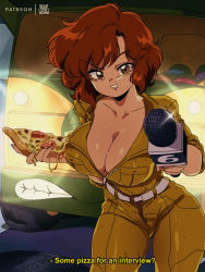 Rule 34 | 1girl, april o&#039;neil, bluethebone, breasts, brown eyes, brown hair, cleavage, commentary, cowboy shot, donatello (tmnt), english commentary, english text, grin, highres, jumpsuit, large breasts, leonardo (tmnt), looking at viewer, michelangelo (tmnt), microphone, pizza, pizza slice, raphael (tmnt), reporter, retro artstyle, short hair, smile, solo focus, subtitled, teenage mutant ninja turtles, yellow jumpsuit