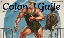 2024 2boys absurdres american_flag american_flag_tattoo bara blonde_hair dog_tags flag_tattoo flattop garrison_cap green_tank_top guile hand_on_own_chest hat highres izeumane jewelry male_focus military_uniform multiple_boys muscular muscular_male necklace no_pants pendant shoulder_tattoo sleeveless smoke standing street_fighter tag tank_top tattoo twitter_username watch watermark web_address wristwatch