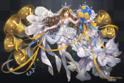 Rule 34 | 1girl, 909 (kagetsu99), bare shoulders, bell, boots, bouquet, breasts, bride, brown hair, checkered background, cleavage, copyright name, dress, drill hair, flower, full body, gloves, gold trim, green eyes, grey background, highres, holding, holding bouquet, long hair, looking at viewer, medium breasts, official art, simple background, skirt hold, thigh boots, thighhighs, tiara, tower of saviors, watermark, wedding dress, white dress, white flower, white footwear, white gloves