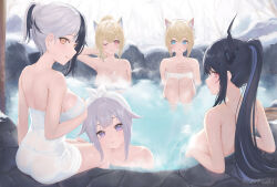 Rule 34 | 5girls, :t, absurdres, animal ear fluff, animal ears, black hair, black horns, blonde hair, blue eyes, blue hair, breasts, cheek press, colored inner animal ears, commentary request, crossed bangs, dog ears, dog girl, fang, fuwawa abyssgard, greyscale, hair between eyes, hair flaps, hand on own chest, highres, holoadvent, hololive, hololive english, horns, knees up, koseki bijou, large breasts, light blush, long hair, looking at viewer, looking to the side, mococo abyssgard, mole, mole under eye, monochrome, multicolored hair, multiple girls, naked towel, nerissa ravencroft, one eye closed, onsen, outdoors, parted lips, partially submerged, pink eyes, pink hair, ponytail, purple eyes, red eyes, rock, shiori novella, short hair, short ponytail, siblings, sidelocks, sideways glance, sideways mouth, sisters, sitting, skin fang, smile, snow, soaking feet, split-color hair, steam, streaked hair, teeth, towel, twins, twitter username, two-tone hair, virtual youtuber, water, wet, wet towel, white towel, yellow eyes, zinkaa