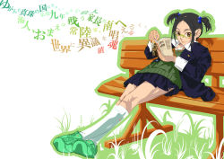 Rule 34 | 1girl, bad id, bad pixiv id, bench, black hair, book, brown eyes, female focus, full body, glasses, grass, hair bobbles, hair ornament, legs, motoi hiroumi, nature, open book, original, outdoors, reading, school uniform, shoes, sitting, smile, socks, solo, twintails, white background