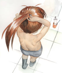 Rule 34 | 1girl, back, brown hair, child, from above, full body, long hair, ponytail, satou toshiyuki, socks, solo, standing, toilet, topless