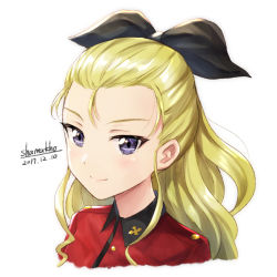 Rule 34 | 10s, 1girl, artist name, assam (girls und panzer), black ribbon, blonde hair, blue eyes, closed mouth, dated, girls und panzer, hair pulled back, hair ribbon, jacket, long hair, looking at viewer, military, military uniform, portrait, red jacket, ribbon, shamakho, signature, simple background, smile, solo, st. gloriana&#039;s military uniform, uniform, white background
