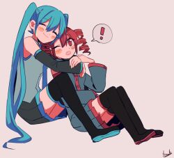 Rule 34 | !, 2girls, black footwear, black skirt, black sleeves, blue hair, blue necktie, blue trim, blush stickers, boots, closed eyes, closed mouth, commentary request, detached sleeves, drill hair, fang, grey shirt, grey skirt, hair between eyes, hatsune miku, hug, kasane teto, long hair, long sleeves, medium hair, multiple girls, necktie, one eye closed, open mouth, pink background, pleated skirt, red eyes, red hair, red trim, shirt, signature, simple background, skirt, smile, speech bubble, spoken exclamation mark, thigh boots, twin drills, twintails, utau, very long hair, vocaloid, yuusuke-kun
