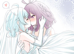Rule 34 | 2girls, ahoge, alternate costume, alternate hairstyle, back bow, backless dress, backless outfit, blunt bangs, blunt ends, blush, bow, braid, bridal veil, bride, closed eyes, dress, elbow gloves, female focus, flower, gloves, hair bun, hair flower, hair ornament, hand on another&#039;s back, hand on another&#039;s cheek, hand on another&#039;s face, heart, highres, kiss, long hair, looking at another, low-tied sidelocks, magia record: mahou shoujo madoka magica gaiden, mahou shoujo madoka magica, medium hair, multiple girls, purple eyes, purple hair, sarasa hanna, sena mikoto, side braid, sidelocks, speech bubble, spoken heart, suzugahama, upper body, veil, very long hair, wedding dress, white bow, white dress, white flower, white gloves, wife and wife, yuri