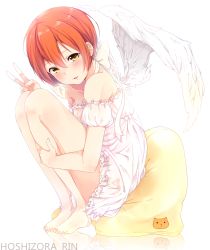 Rule 34 | 10s, 1girl, angel wings, bare shoulders, barefoot, choker, cushion, detached sleeves, dress, feet, frills, highres, hoshizora rin, lace, lace-trimmed dress, lace trim, hugging own legs, legs, love live!, love live! school idol project, orange hair, puffy detached sleeves, puffy sleeves, ribbon choker, short hair, smile, solo, toes, umeno (shio1205), v, white dress, wings, yellow eyes