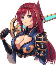 Rule 34 | 1girl, armor, beatrix (granblue fantasy), beatrix (granblue fantasy) (cosplay), black gloves, blue armor, blue eyes, blush, breasts, cleavage, cleavage cutout, clothing cutout, cosplay, cropped torso, gloves, godsworn alexiel, gold trim, granblue fantasy, hair between eyes, hair ornament, holding, holding sword, holding weapon, large breasts, long hair, looking at viewer, moppo, open mouth, over shoulder, pauldrons, red hair, shoulder armor, simple background, sketch, solo, sword, sword over shoulder, upper body, very long hair, weapon, weapon over shoulder, white background