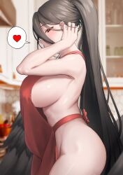 Rule 34 | 1girl, apron, ass, bare shoulders, black hair, black wings, blue archive, blurry, blurry background, breasts, hair between eyes, hasumi (blue archive), heart, highres, huge breasts, large breasts, long hair, naked apron, penti, ponytail, red apron, red eyes, sideboob, spoken heart, wings
