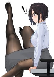 Rule 34 | !, !!, 1girl, anti (0324), black footwear, black hair, black pantyhose, blush, breasts, chair, collared shirt, commentary, dress shirt, feet out of frame, from above, from side, greek toe, grey skirt, hair between eyes, lanyard, large breasts, long sleeves, miniskirt, mole, mole under eye, mole under mouth, multiple views, office chair, office lady, original, pantyhose, parted lips, pencil skirt, profile, purple eyes, shirt, shirt tucked in, shoes, short hair, simple background, single shoe, sitting, skirt, surprised, swivel chair, toes, torn clothes, torn legwear, white background, white shirt