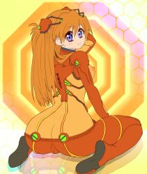 Rule 34 | 1girl, artist request, ass, at field, blue eyes, bodysuit, breasts, brown hair, butt crack, cameltoe, curvy, evangelion: 2.0 you can (not) advance, full body, highres, huge ass, long hair, looking at viewer, looking back, medium breasts, narrow waist, neon genesis evangelion, plugsuit, rebuild of evangelion, red bodysuit, see-through, see-through bodysuit, shiny clothes, shiny skin, sitting, skin tight, smile, solo, souryuu asuka langley, test plugsuit, wide hips