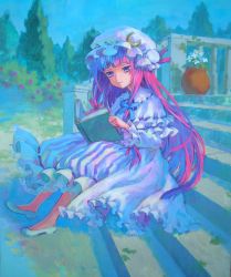 Rule 34 | 1girl, absurdres, acrylic paint (medium), ama-tou, blue theme, book, crescent, female focus, flower, hat, highres, light smile, long hair, no socks, open book, painting (medium), patchouli knowledge, pink hair, plant, potted plant, purple hair, reading, sitting, sitting on stairs, solo, stairs, touhou, traditional media, tree