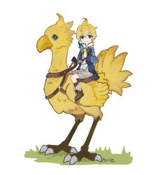 Rule 34 | 1boy, absurdres, arie game, bird, blonde hair, blue eyes, boots, brown footwear, chocobo, closed mouth, crossover, final fantasy, full body, genshin impact, grey shorts, highres, holding, holding reins, hood, hood down, looking at viewer, male focus, mika (genshin impact), reins, riding, shorts, signature, simple background, sitting, white background