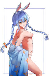 Rule 34 | 1girl, animal ear fluff, animal ears, blue hair, braid, breasts, carrot, clenched hand, english text, erit0ri, food-themed hair ornament, hair ornament, highres, hololive, japanese clothes, kimono, looking to the side, naked shirt, off shoulder, rabbit ears, shirt, short eyebrows, small breasts, smirk, solo, teeth, twin braids, usada pekora, v-shaped eyebrows, virtual youtuber, white background, white hair, yukata