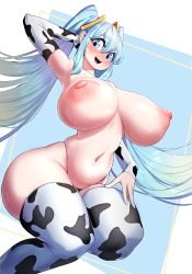 Rule 34 | 1girl, absurdres, animal print, blue eyes, blue hair, breasts, cow print, curvy, highleg, highres, huge breasts, league of legends, midriff, navel, nipples, sona (league of legends), twintails, wide hips, yabby