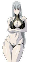 Rule 34 | 00s, 1girl, bare shoulders, bikini, blush, breasts, cleavage, cleavage cutout, clothing cutout, crossed arms, covered erect nipples, female focus, female pubic hair, lime (purple haze), long hair, pale skin, pubic hair, red eyes, selvaria bles, senjou no valkyria (series), senjou no valkyria 1, silver hair, solo, swimsuit, white background