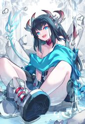 Rule 34 | 1girl, absurdres, black hair, blue eyes, breasts, dragon girl, dragon horns, dragon tail, gin tonic (p&amp;d), highres, horns, kuuron (moesann17), large breasts, long hair, open mouth, puddle, puzzle &amp; dragons, shoes, solo, tail