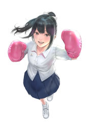 Rule 34 | 1girl, black eyes, black hair, boxing gloves, commentary request, dress shirt, from above, highres, looking at viewer, omeno (digitalome), open mouth, original, pleated skirt, ponytail, shirt, shoes, simple background, skirt, smile, sneakers, solo, white background