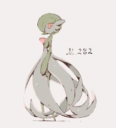 Rule 34 | aozukikawasemi, bob cut, closed mouth, creatures (company), dot mouth, full body, game freak, gardevoir, gen 3 pokemon, green hair, grey background, hair over one eye, hatching (texture), linear hatching, looking at viewer, looking to the side, nintendo, pokedex number, pokemon, pokemon (creature), simple background, solo, standing, traditional media