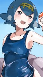 Rule 34 | 1girl, armpits, blue hair, creatures (company), game freak, hairband, holding, holding poke ball, lana (pokemon), nintendo, one-piece swimsuit, open mouth, poke ball, poke ball (basic), pokemon, pokemon sm, short hair, solo, swimsuit, toi (toiot), trial captain