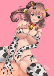 Rule 34 | 1girl, animal ears, animal print, bell, bikini, blue eyes, breasts, brown hair, collar, collarbone, cow ears, cow horns, cow print, cow print bikini, cowbell, elbow gloves, fake animal ears, girl on top, gloves, highres, horns, kantai collection, kuga zankurou, large breasts, looking at viewer, micro bikini, navel, neck bell, one side up, pink background, ponytail, print bikini, saratoga (kancolle), side-tie bikini bottom, sidelocks, simple background, smokestack hair ornament, solo focus, swimsuit, thighhighs