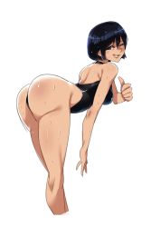 Rule 34 | 1girl, ass, bent over, black hair, black one-piece swimsuit, breasts, competition swimsuit, from behind, from side, grin, highleg, highleg swimsuit, highres, looking at viewer, looking to the side, medium breasts, medium hair, one-piece swimsuit, original, purple eyes, ryuusei (mark ii), simple background, smile, solo, swimsuit, thumbs up, wet, white background