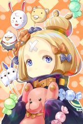 Rule 34 | 1girl, abigail williams (fate), abigail williams (traveling outfit) (fate), awa (rosemarygarden), black bow, black jacket, blonde hair, blue eyes, blush, bow, candy wrapper, closed mouth, commentary request, crossed bandaids, fate/grand order, fate (series), fou (fate), hair bow, hair bun, head tilt, heroic spirit traveling outfit, highres, holding, holding stuffed toy, jacket, long hair, long sleeves, looking at viewer, medjed (fate), official alternate costume, orange bow, parted bangs, polka dot, polka dot bow, single hair bun, sleeves past fingers, sleeves past wrists, solo, stuffed animal, stuffed toy, teddy bear