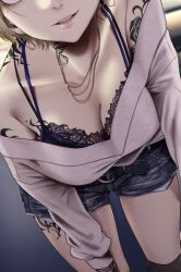 Rule 34 | 1girl, arm tattoo, back tattoo, black bra, bra, breasts, cleavage, close-up, collarbone, cropped, denim, denim shorts, earrings, head out of frame, highres, jewelry, kangoku meika, lace, lace-trimmed bra, lace trim, leaning forward, leg tattoo, medium breasts, mole, mole under eye, necklace, off-shoulder shirt, off shoulder, original, shirt, short shorts, shorts, smile, solo, stud earrings, tattoo, underwear
