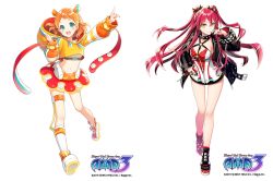 Rule 34 | 2girls, aqua eyes, boots, breasts, cleavage, closed mouth, gaha, hair ornament, hair ribbon, hairband, jacket, lace hairband, large breasts, legs, long hair, multiple girls, navel, open mouth, orange hair, red hair, ribbon, skirt, small breasts, yellow eyes