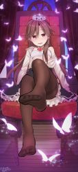 Rule 34 | 1girl, :d, absurdres, arashio (kancolle), bare shoulders, black skirt, bra, breasts, brown hair, brown pantyhose, bug, butterfly, chain, chair, commentary request, crown, curtains, dated, dress shirt, feet, frilled skirt, frills, heart-shaped lock, highres, indoors, insect, kantai collection, knee up, light particles, lock, long hair, long sleeves, looking at viewer, no shoes, off shoulder, open clothes, open mouth, open shirt, padlock, pantyhose, red eyes, shirt, sitting, skirt, small breasts, smile, soles, solo, thighband pantyhose, toes, twitter username, underwear, white bra, white shirt, wooden floor, yopan danshaku