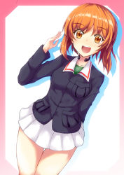 Rule 34 | 1girl, arm behind back, brown eyes, brown hair, dutch angle, girls und panzer, hand up, highres, long sleeves, looking at viewer, nishizumi miho, open mouth, pocket, short hair, simple background, sinngotti, skirt, solo, standing, white background, white skirt