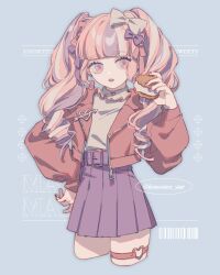 Rule 34 | 1girl, absurdres, black bow, blonde hair, blunt bangs, bow, copyright request, cropped legs, earrings, english text, food, grey background, grey shirt, hair bow, hair ribbon, heart o-ring, highres, holding, holding food, jewelry, lemontea, long hair, long sleeves, miniskirt, nail polish, pink eyes, pink hair, pleated skirt, purple nails, ribbon, shirt, shirt tucked in, skirt, solo, teeth, twintails, upper teeth only