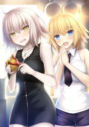 Rule 34 | 2girls, :d, ahoge, bare arms, bare shoulders, black dress, black neckwear, blonde hair, blue eyes, blush, braid, breasts, collarbone, collared shirt, cowboy shot, dress, embarrassed, fate/apocrypha, fate/grand order, fate (series), food, holding, holding food, indoors, jeanne d&#039;arc (fate), jeanne d&#039;arc (girl from orleans) (fate), jeanne d&#039;arc (ruler) (fate), jeanne d&#039;arc alter (avenger) (fate), jeanne d&#039;arc alter (fate), jewelry, kitchen, large breasts, long hair, looking at viewer, multiple girls, necklace, necktie, open mouth, own hands together, palms together, peeler, pendant, pot, potato, purple shorts, shirt, short dress, short hair, short shorts, shorts, sideboob, silver hair, single braid, sleeveless, sleeveless shirt, smile, standing, taiki ken, v-shaped eyebrows, very long hair, wavy mouth, white shirt, wing collar, yellow eyes