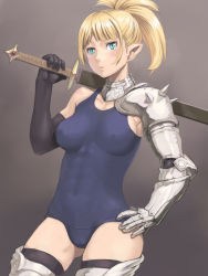 Rule 34 | 1girl, black gloves, black thighhighs, blonde hair, blue eyes, contrapposto, elf, gauntlets, gloves, hand on own hip, knight, long hair, meow (nekodenki), pointy ears, ponytail, school swimsuit, short hair, single glove, solo, standing, swimsuit, sword, thighhighs, weapon
