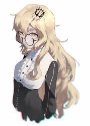Rule 34 | 1girl, black-framed eyewear, black rock shooter, blonde hair, breasts, buttons, chariot (black rock shooter), closed mouth, collar, collared shirt, crown, female focus, glasses, hair between eyes, headwear request, litra (ltr0312), long hair, long sleeves, looking at viewer, round eyewear, shirt, simple background, small breasts, solo, upper body, white background, yellow eyes
