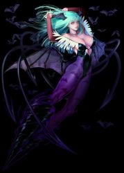 1girl animal_print aqua_eyes aqua_hair arms_up bad_id bad_pixiv_id bare_shoulders bat_(animal) bat_print bat_wings black_background breasts bridal_gauntlets cleavage clothing_cutout collarbone covered_erect_nipples covered_navel demon_girl elbow_gloves full_body gloves head_wings heart_cutout highres jdori leotard long_hair looking_at_viewer morrigan_aensland pantyhose parted_lips print_pantyhose purple_pantyhose simple_background smile solo darkstalkers wings